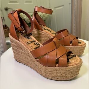Sam Edelman Marietta Tan Brown Leather Wedge Heeled Espadrilles Sandals Size 7.5